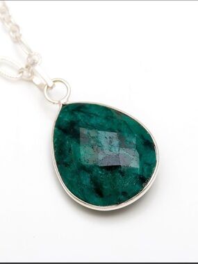 Sterling Silver Teardrop Emerald Colored Stone Pendant Necklace